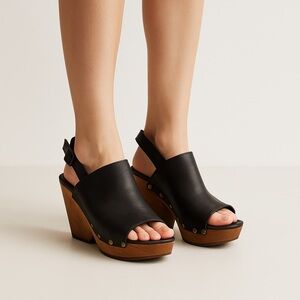 Five Worlds Black Leather Wood Platform Wedge Sandals Size 10 Peep Toe